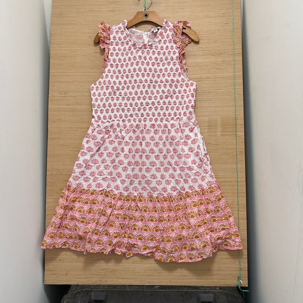 J.Crew Pink White Shell Block Print Smocked Tiered Ruffle Cotton Dress L 7663